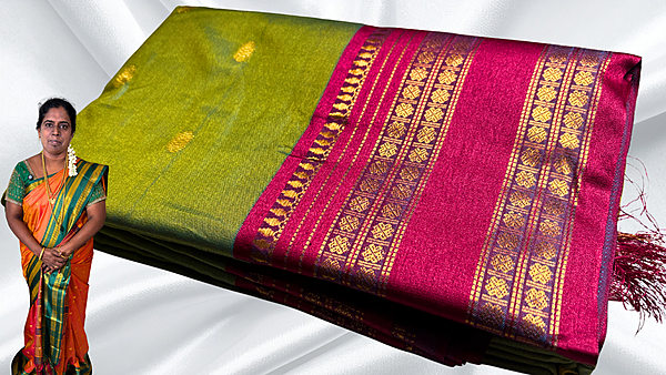Retta Patta Kanchi Silk Saree - Leaf Blue & Magenta