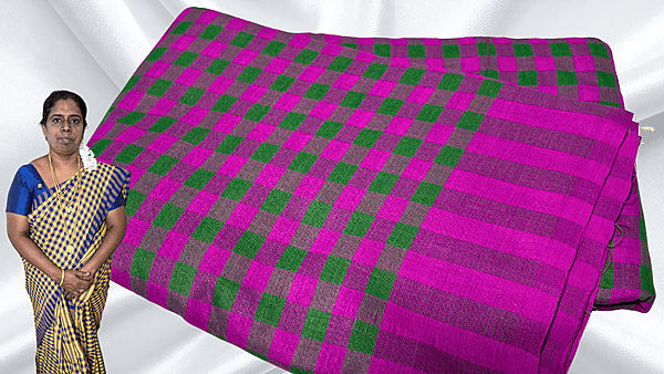 Jyotsna Soft Checks Cotton Saree - Green & Magenta