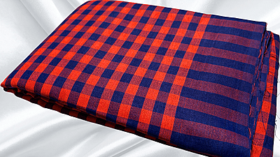 Jyotsna Soft Checks Cotton Saree - Saffron & Navy