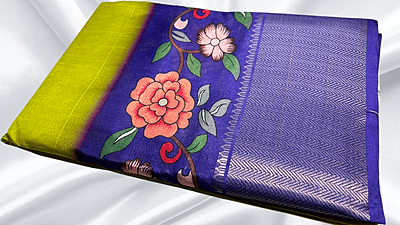 Soft Jequard Silk Floral Saree - Green Pista & Purple