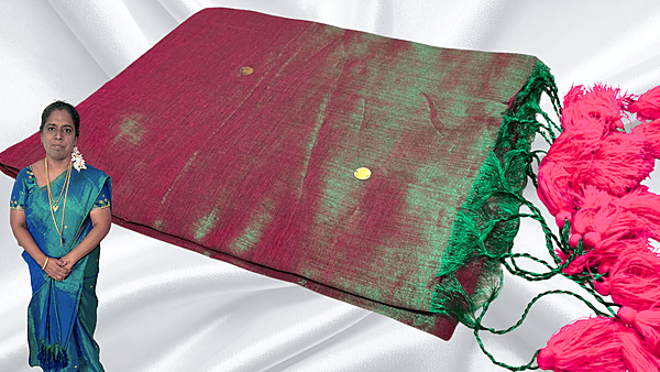 Khadi Tissue Mirror Work Saree - Pink Green