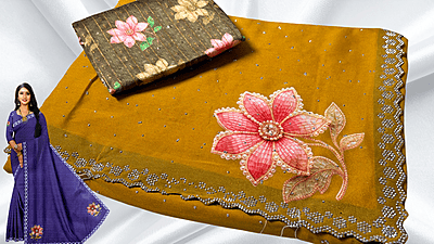 Jamuni Marble Stone Work Floral Saree - Mustard Jamuni Marble Stone Work Floral Saree - Mustard