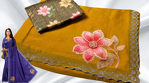 Jamuni Marble Stone Work Floral Saree - Mustard