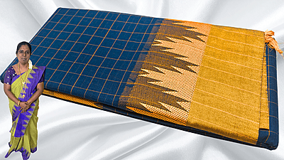 Pure Chettinadu Cotton Temple Checks Saree - Blue & Mustard