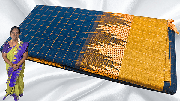 Pure Chettinadu Cotton Temple Checks Saree - Blue & Mustard
