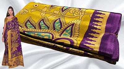 Royal Silk Kalankari Turkey Saree - Mustard & Purple Royal Silk Kalankari Turkey Saree - Mustard & Purple