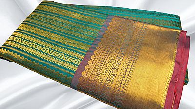 Kanchi Silk Gold Jari Saree - Peacock Green