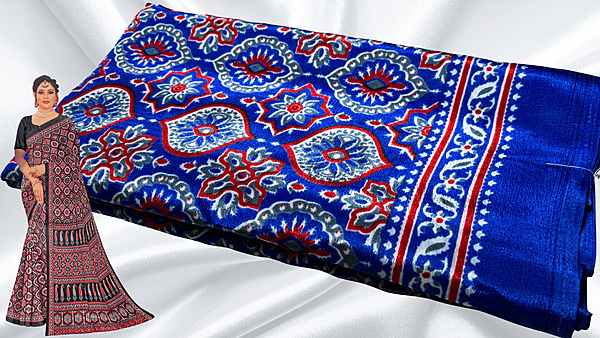Crape Silk Ajrakh Pattern Saree - Ink Blue