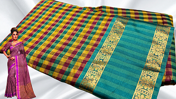 Madarash Fancy Chex Jari Saree - Bottle Green