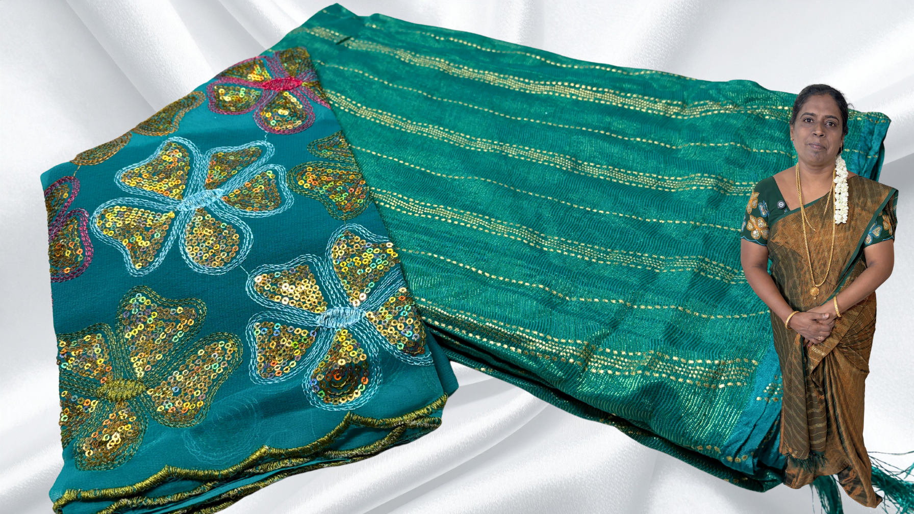 Suchitra Floral Brasso Designer Saree - Bottle Green