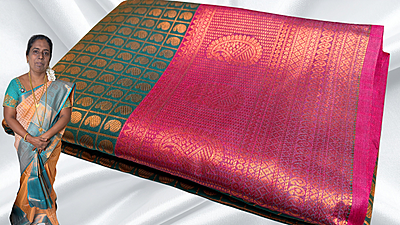 Trichy Silk Manga Design Saree - Blueish Green
