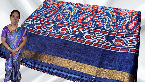Mal Soft Cotton Gold Border Saree - Navy Blue