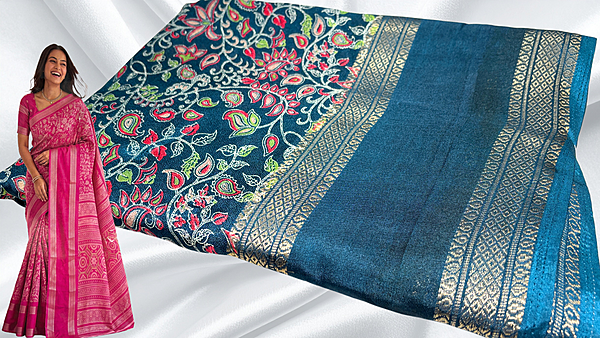 Deepti Retta Patta Floral Silk Saree - Blue