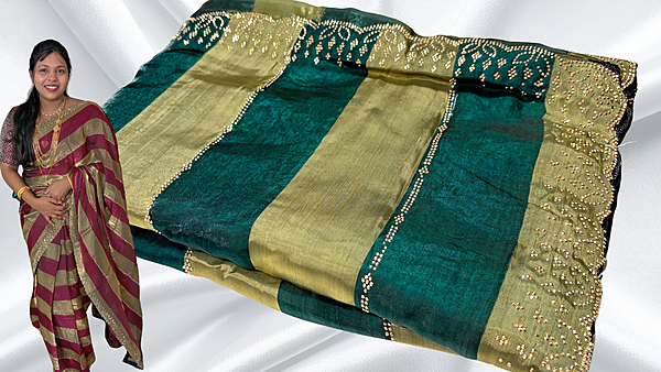ITC Fancy Stone Work Dual Saree - Bottle Green