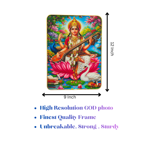 Vibrant Saraswati Mata Nature Wall Art – Golden Rimmed Plaque for Wisdom & Positive Energy