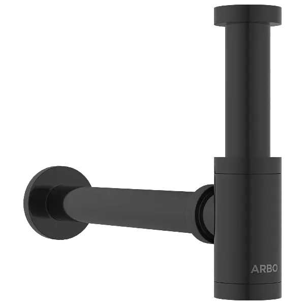 AC-MB-36 Brass Round Bottle Trap With Long Wall Connection Pipe & Wall Flange (Matt Black)