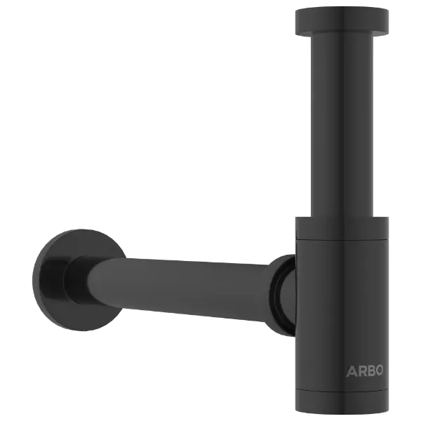 AC-MB-36 Brass Round Bottle Trap With Long Wall Connection Pipe & Wall Flange (Matt Black)