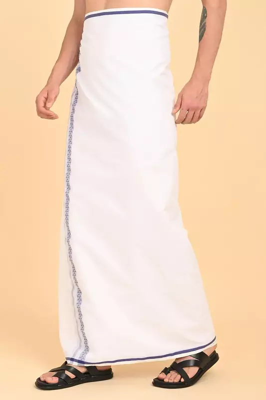 Men’s 100% Cotton Double-Layer White Veshti with Fancy Border