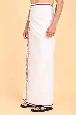 Men’s 100% Cotton Double-Layer White Veshti with Fancy Border