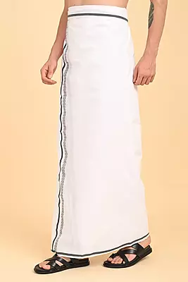 Men’s 100% Cotton Double-Layer White Veshti with Fancy Border