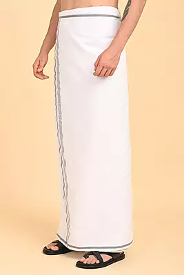 Men’s 100% Cotton Double-Layer White Veshti with Fancy Border