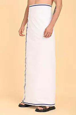 Men’s 100% Cotton Double-Layer White Veshti with Fancy Border