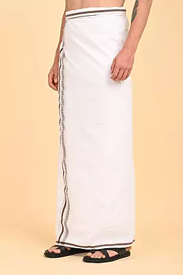 Men’s 100% Cotton Double-Layer White Veshti with Fancy Border