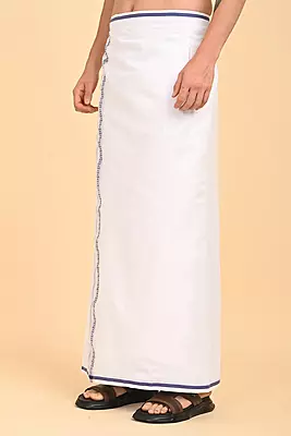 Men’s 100% Cotton Readymade Double-Layer White Veshti with Fancy Border