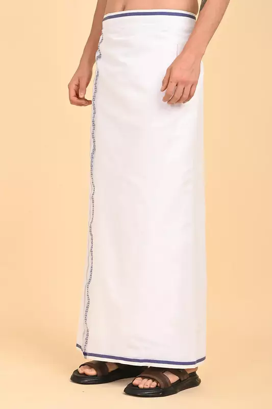 Men’s 100% Cotton Readymade Double-Layer White Veshti with Fancy Border