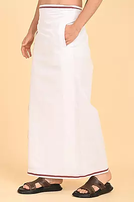 Men’s 100% Cotton Readymade Double-Layer White Veshti with Fancy Border