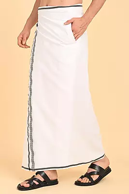 Men’s 100% Cotton Readymade Double-Layer White Veshti with Fancy Border
