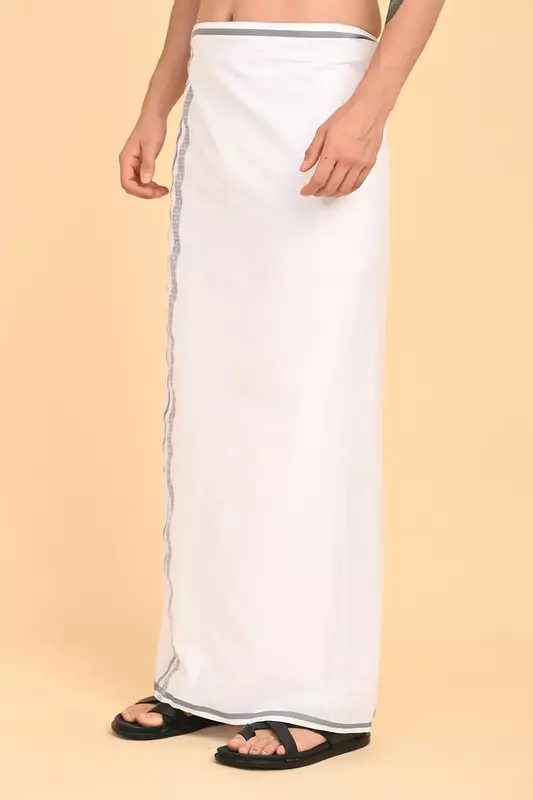 Men’s 100% Cotton Readymade Double-Layer White Veshti with Fancy Border