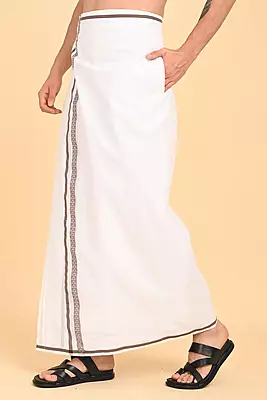 Men’s 100% Cotton Readymade Double-Layer White Veshti with Fancy Border