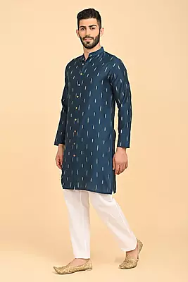 Men Jacquard Full Open Long Kurta - Blue