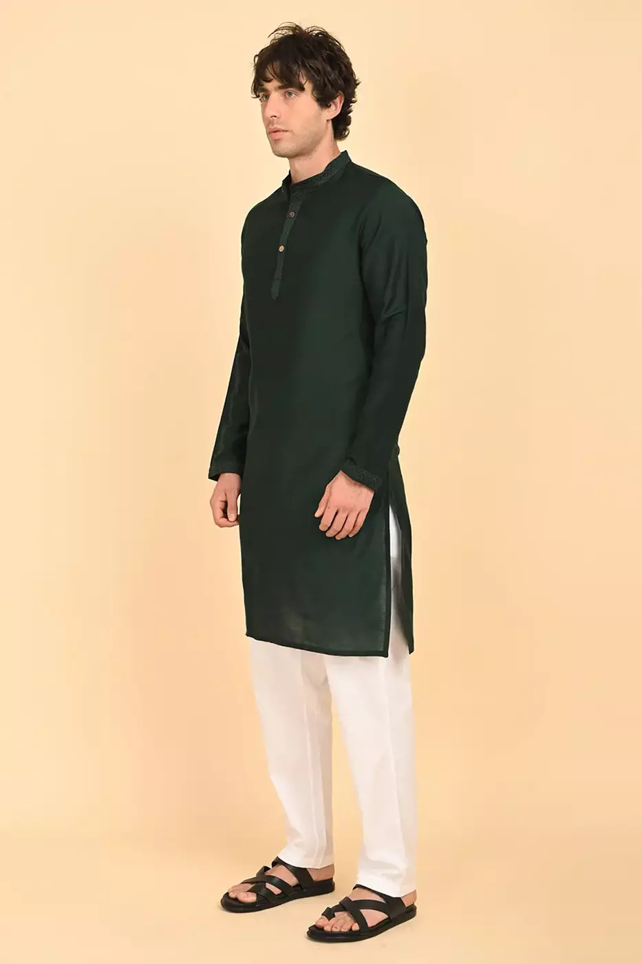 Men Ethnic Embroidered Long Kurta - Green