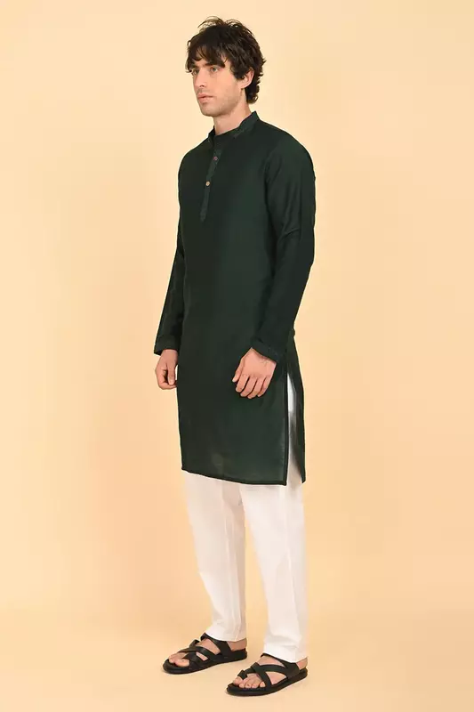 Men Ethnic Embroidered Long Kurta - Green