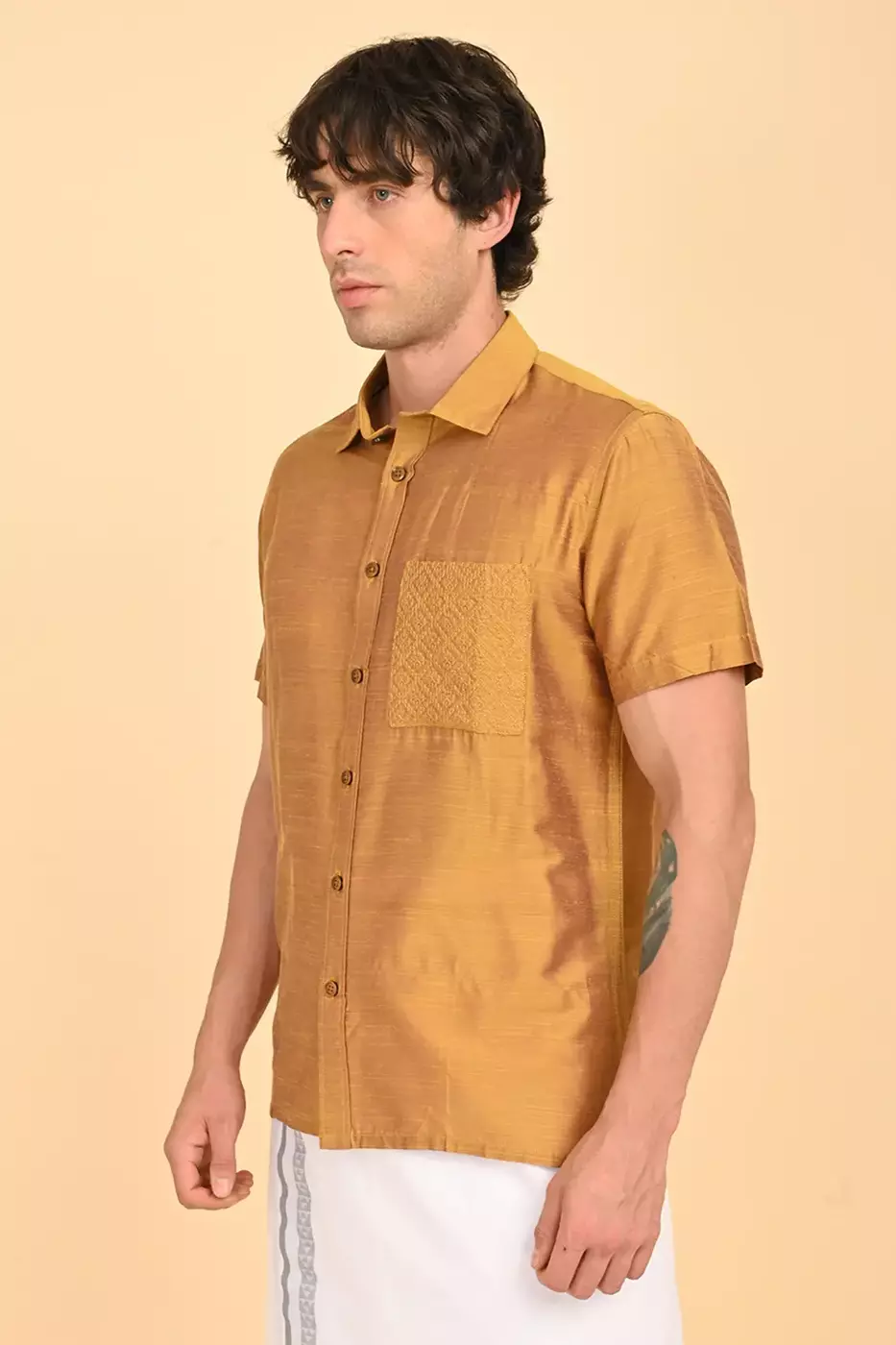 Men Short Sleeve Ethnic Shirt - Yellow
