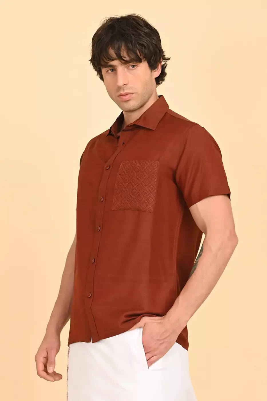 Men Short Sleeve Ethnic Shirt - Brown