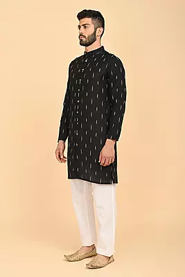 Men Jacquard Full Open Long Kurta - Black