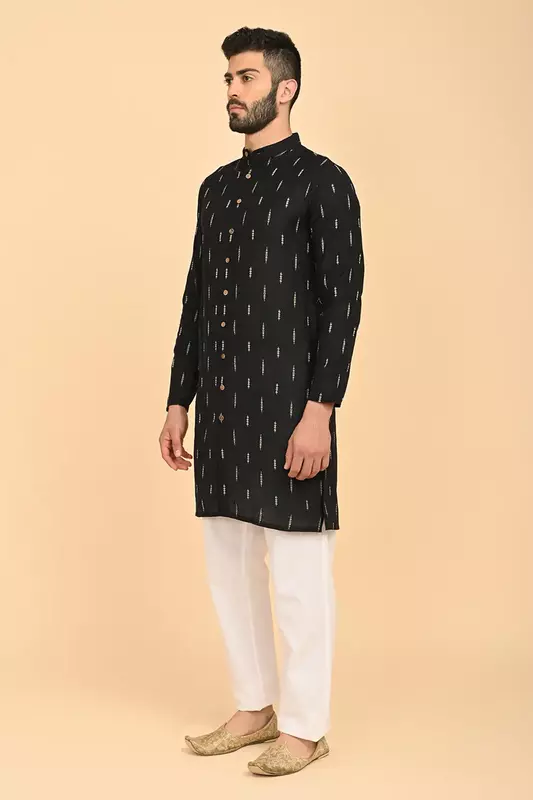 Men Jacquard Full Open Long Kurta - Black