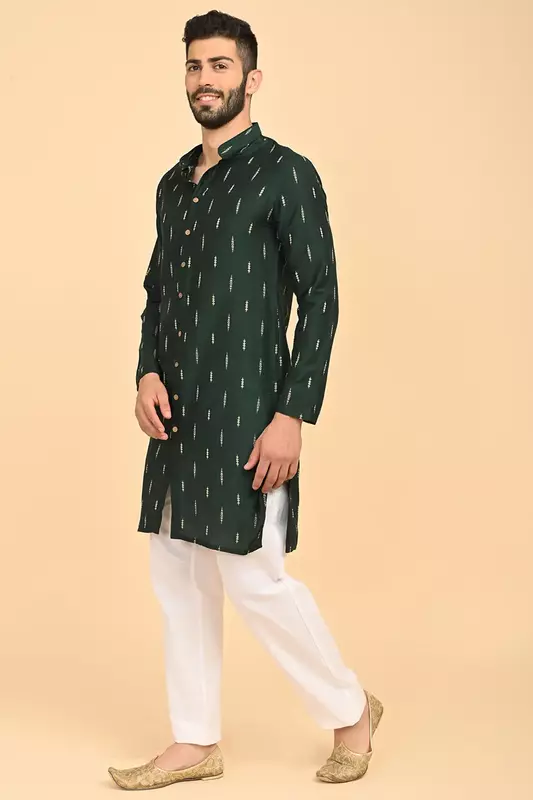 Men Jacquard Full Open Long Kurta - Green