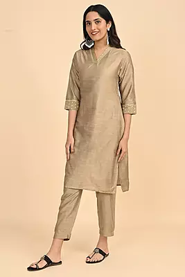 Women V-Neck Long Kurta - Golden