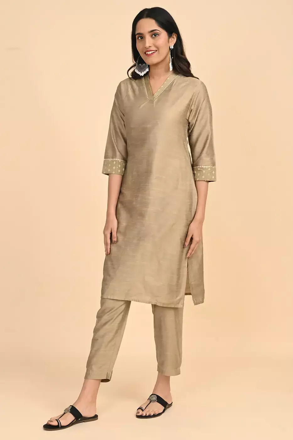 Women V-Neck Long Kurta - Golden
