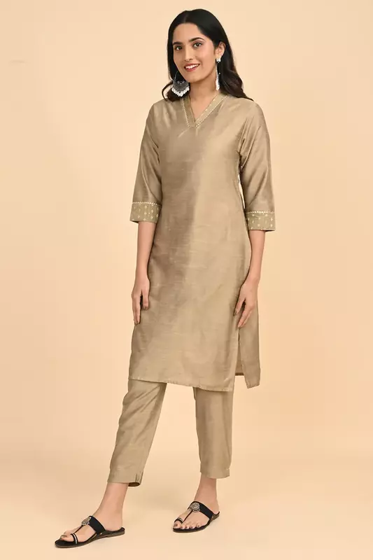 Women V-Neck Long Kurta - Golden