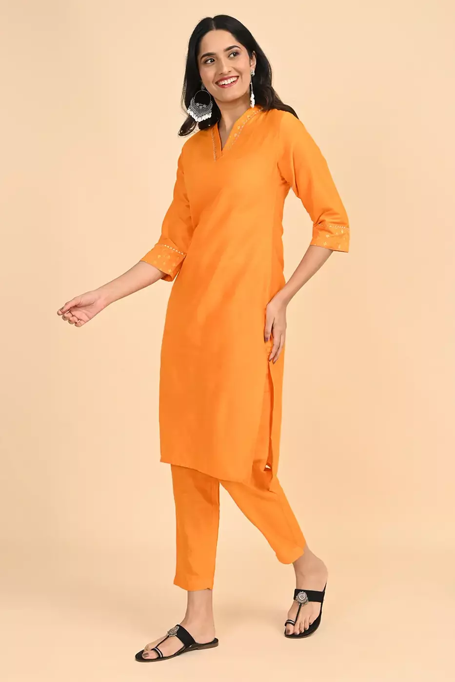 Women V-Neck Long Kurta - Yellow