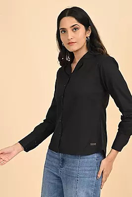 Women Notched Collar Shirt - Black