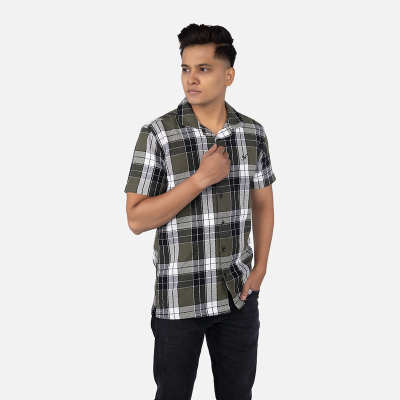 Men Resene Olive Plaid Hawaiian Shirt