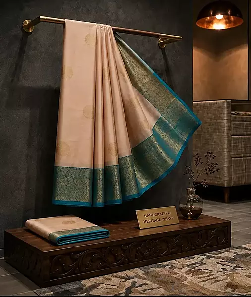 Scream silk saree with teal zari border