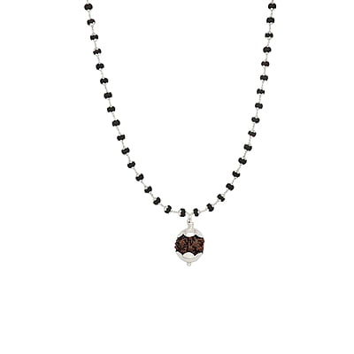 Silver Capped Black Wooden Beads Mala with Rudraksha Pendant