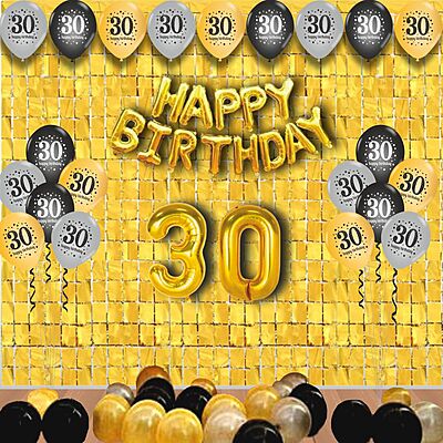 The Magic Balloons -Happy 30th Birthday Balloons -30 pcs, Happy Birthday Banner Black-1, Golden Curtain-2 pcs,Magic Candle & Balloon pump-1